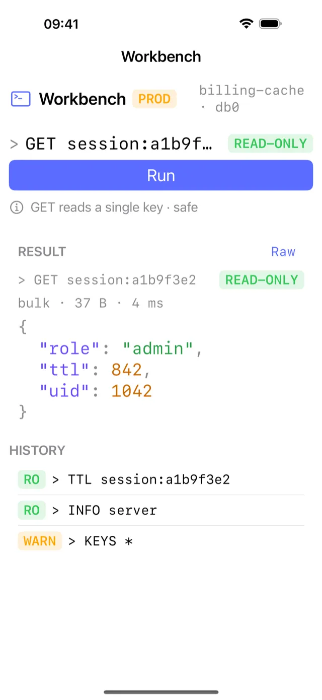 CacheDeck CLI console running KeyDB commands on iPhone