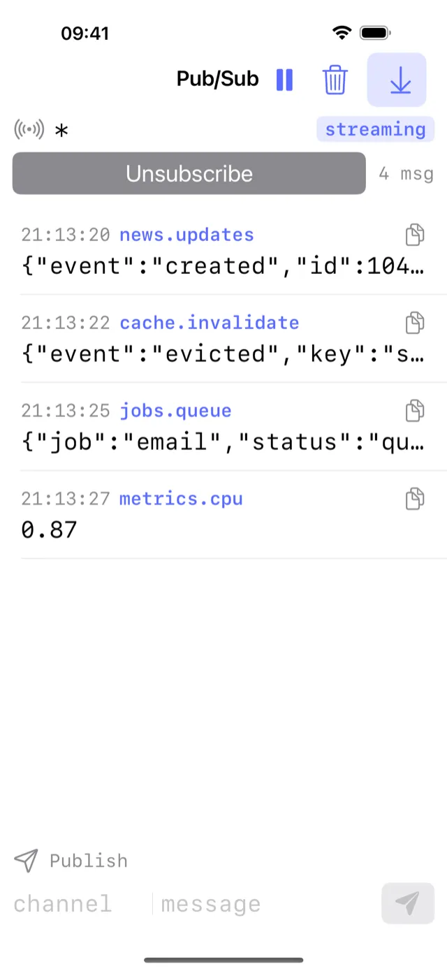 CacheDeck Pub/Sub monitor on iPhone streaming live messages with channel, payload, and timestamp