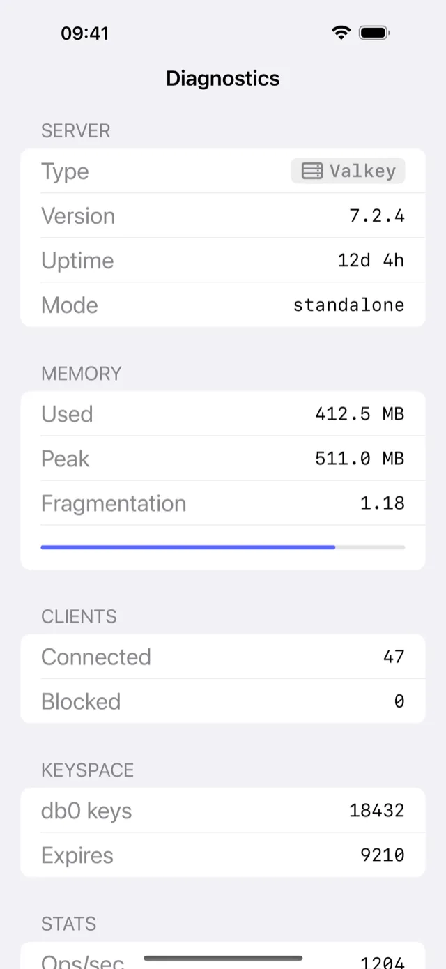 CacheDeck INFO diagnostics showing Azure Cache for Redis metrics on iPhone